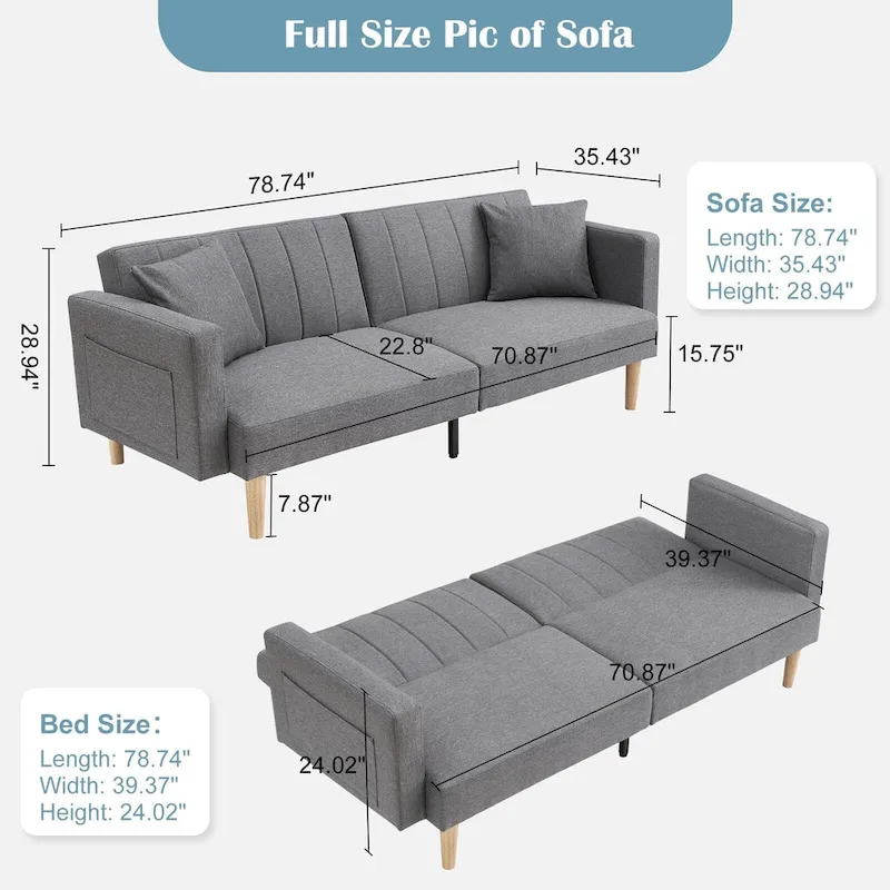 78.74Inch Modern Fabric Sofa Bed 3-in-1 Foldable Sleeper Sofa Bed
