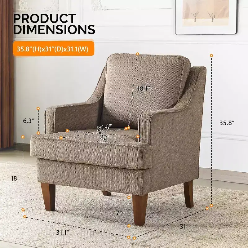 VINGLI Mid-Century Modern Accent Chairs Set of 2, Light Brown Upholstered Armchair Comfy Sofa Chairs Reading Chair High Back