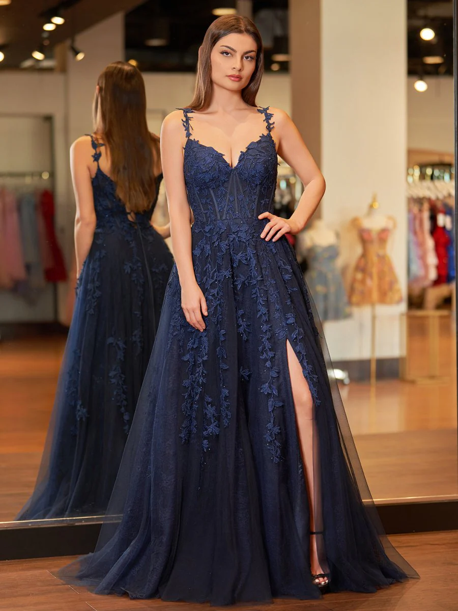 A-line V Neck Lace Tulle Prom Dress With Slit