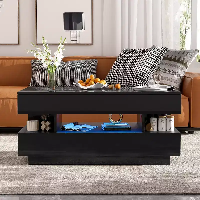 White/Black Lift-Top Coffee Table with 2 Drawers & LED, 39.3