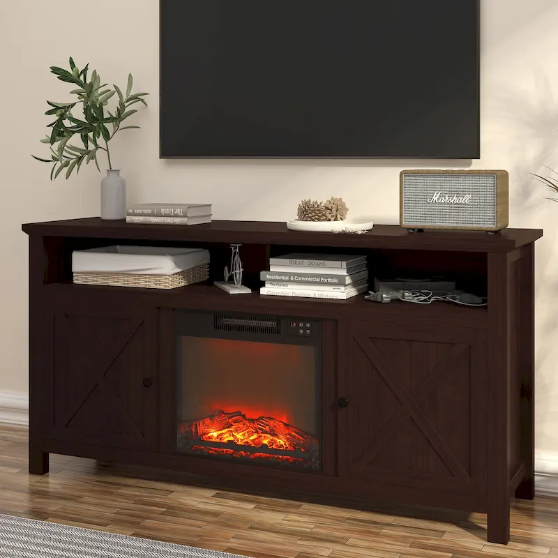 Clihome 58  Wood Fireplace TV Stand with 18  Electric Fireplace