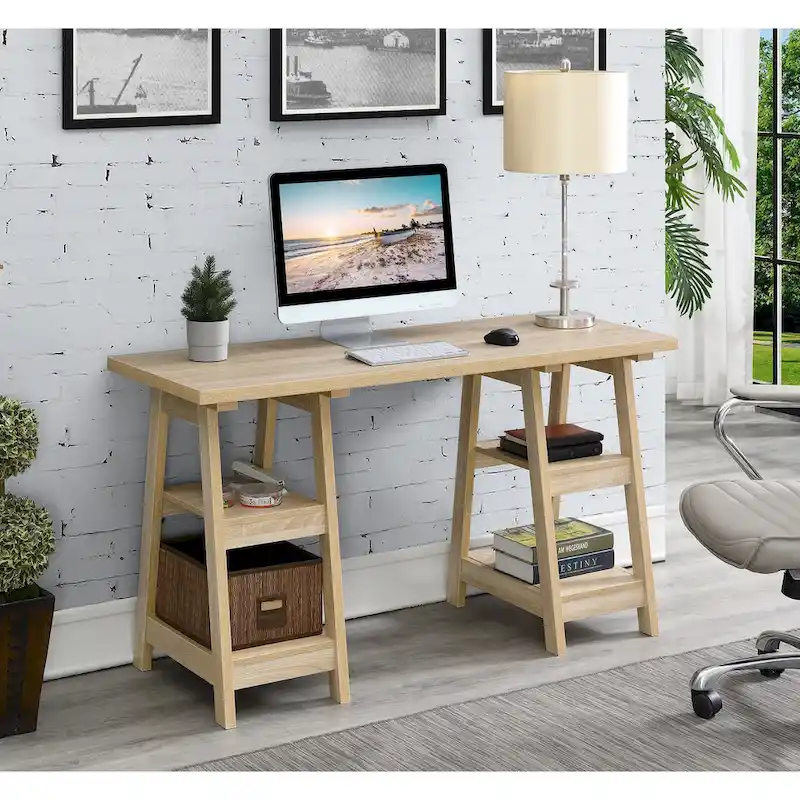 Convenience Concepts Designs2Go Double Trestle Desk with Shelves