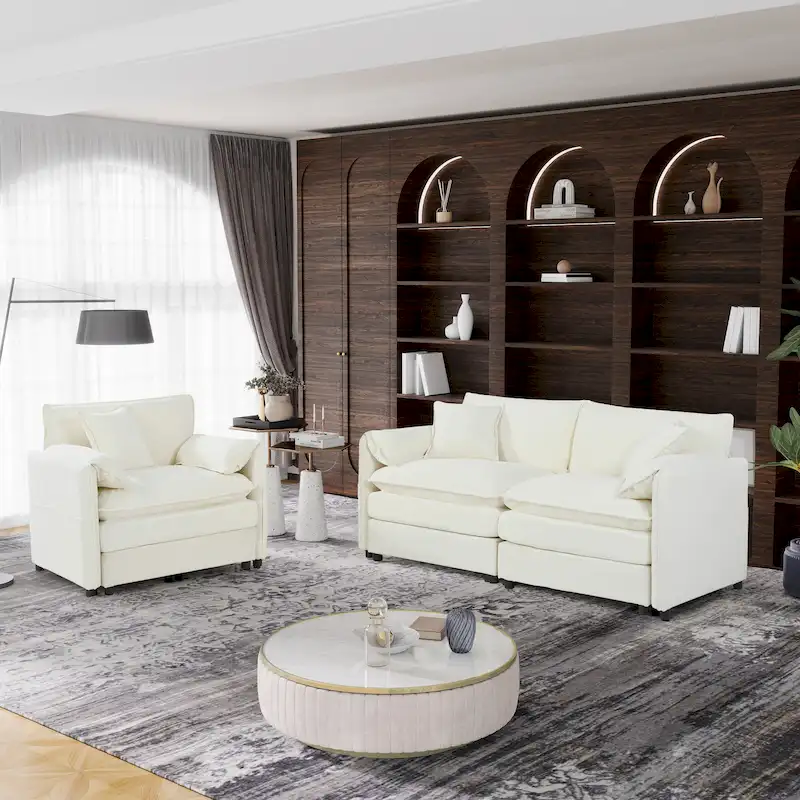 3-Piece Chenille Cloud Sofa & Armchair Set with Deep Seats & 3 Pillows