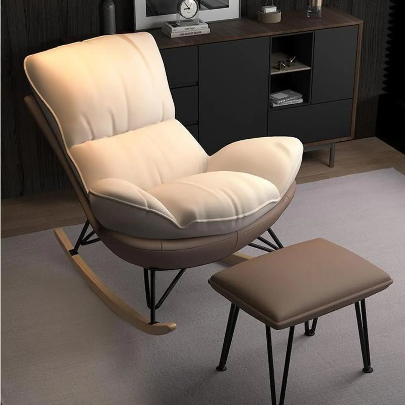 Faux Leather Wingback Rocking Chair with Removable Cushions