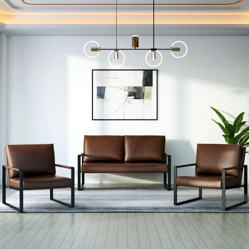 Mid-Century Style 3-Piece PU Leather Living Room Sofa Set Including 2 Armchairs and 1 Loveseat Sofa