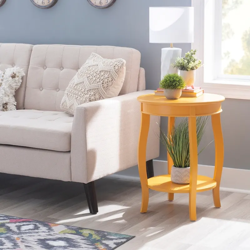 White Round Side Table with Lower Shelf & Cabriole Legs, 1-Person