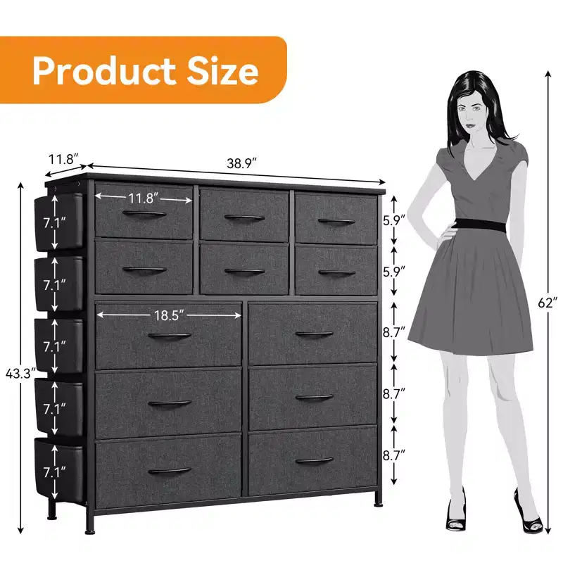 12-Drawer Fabric Storage Cabinet, 5 Side Pockets, 2 Hooks, Metal Frame, Adjustable Feet, for Bedroom, Living Room