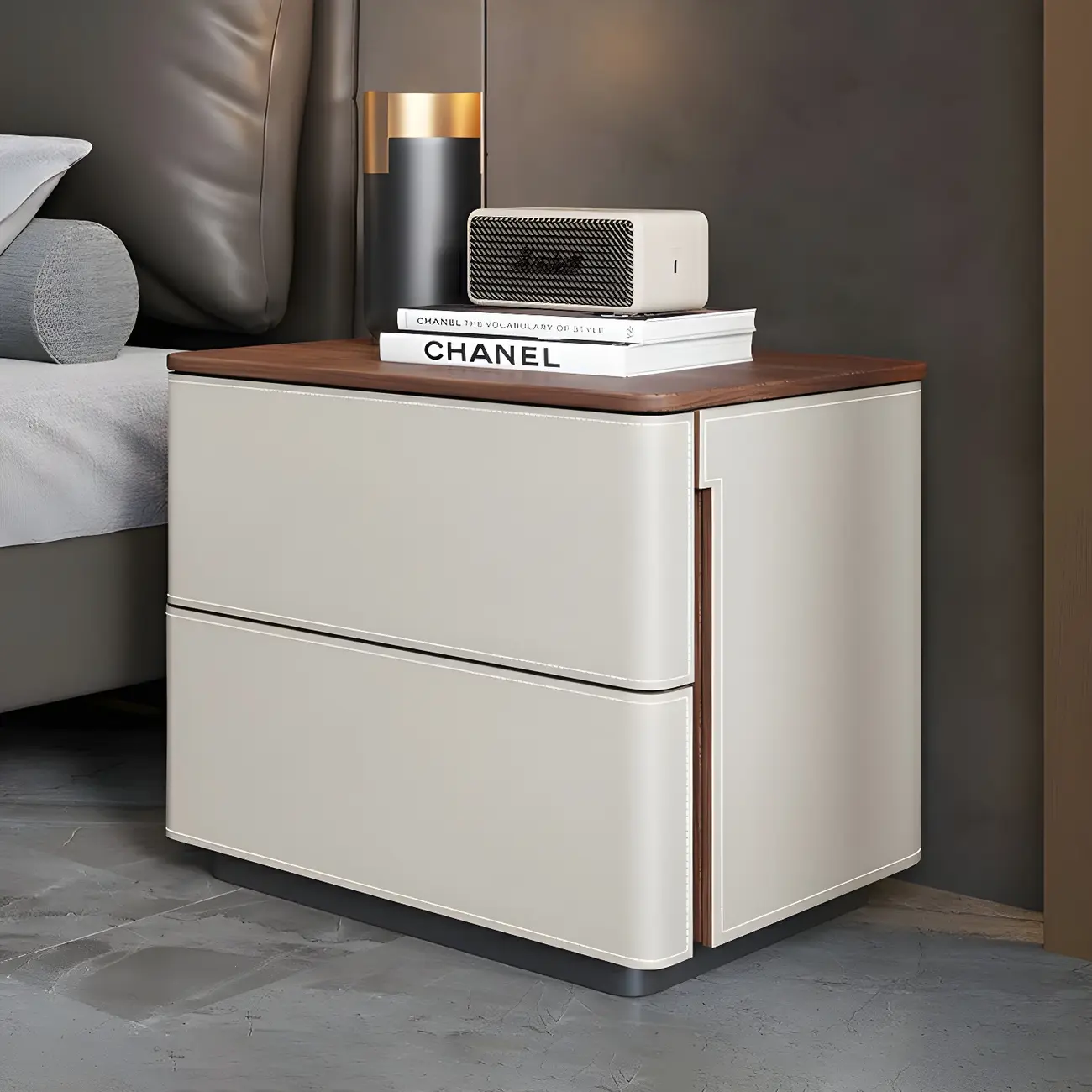 Modern Faux Leather Wood Top Drawers Nightstand