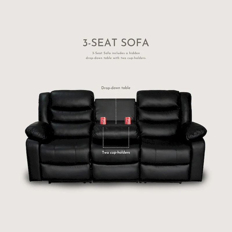 Manual Reclining 3-Piece Living Room Sofa Set - Sofa with Dropdown Table, Loveseat with Console, and Recliner