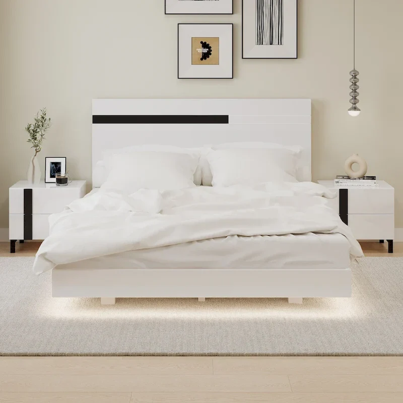 White High-Gloss Queen Platform Bed Set with LED Lighting & 2 Nightstands, 1-2 Person