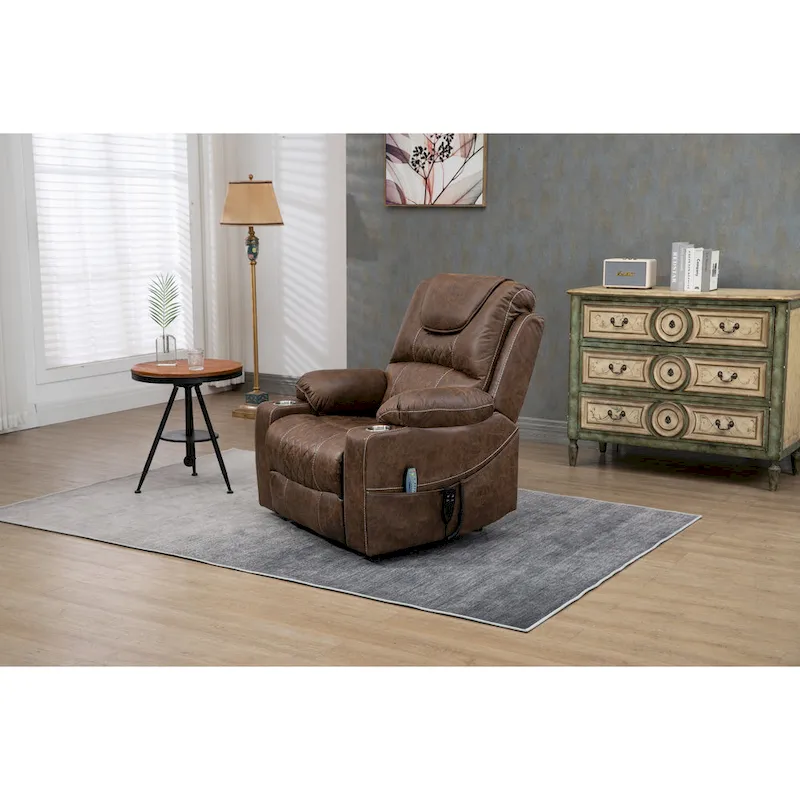 Brown PU Leather Power Lift Recliner with Massage and Heating - 400 lbs Capacity