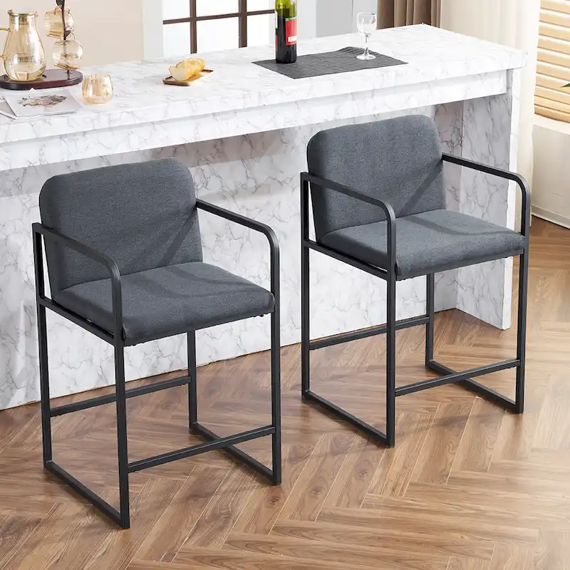 Modern Upholstered Counter Height Bar Stool with Armrests, Metal Frame and Padded Seat (2 Stools)