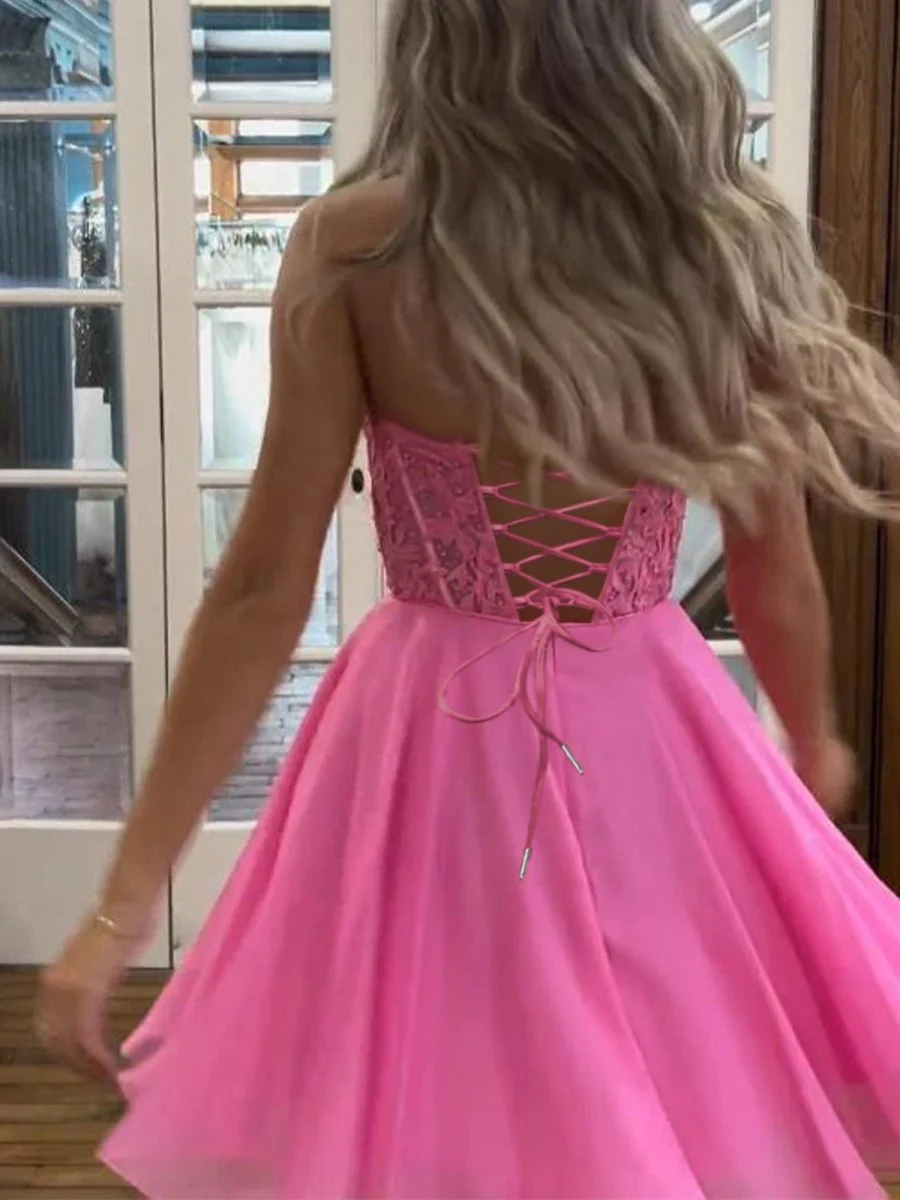 Fuchsia - Strapless Chiffon A Line Short Homecoming Dresses With Appliques