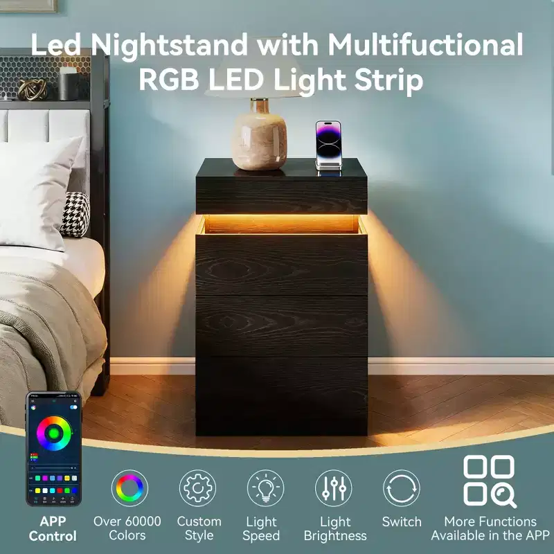 Nightstand with Built-In Charging Station and LED Lighting, 3-Drawer Sliding-Top Modern Bedside Table, Black Wooden End Table is a modern.