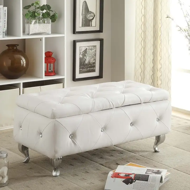 Tufted Storage Bench with Cabriole Legs, Single Seat (White / Black / Silver / Purple / Gold / Grey)