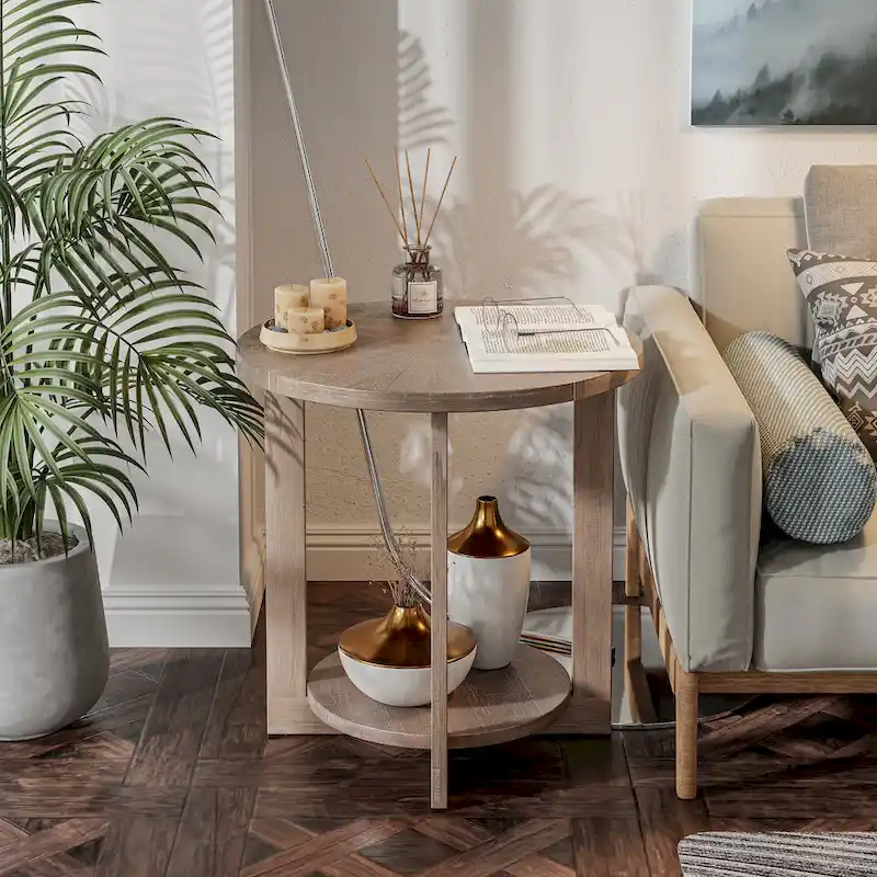 Round Farmhouse Table with Storage Shelf, Brown/White & Antique Grey, Coffee Table / End Table