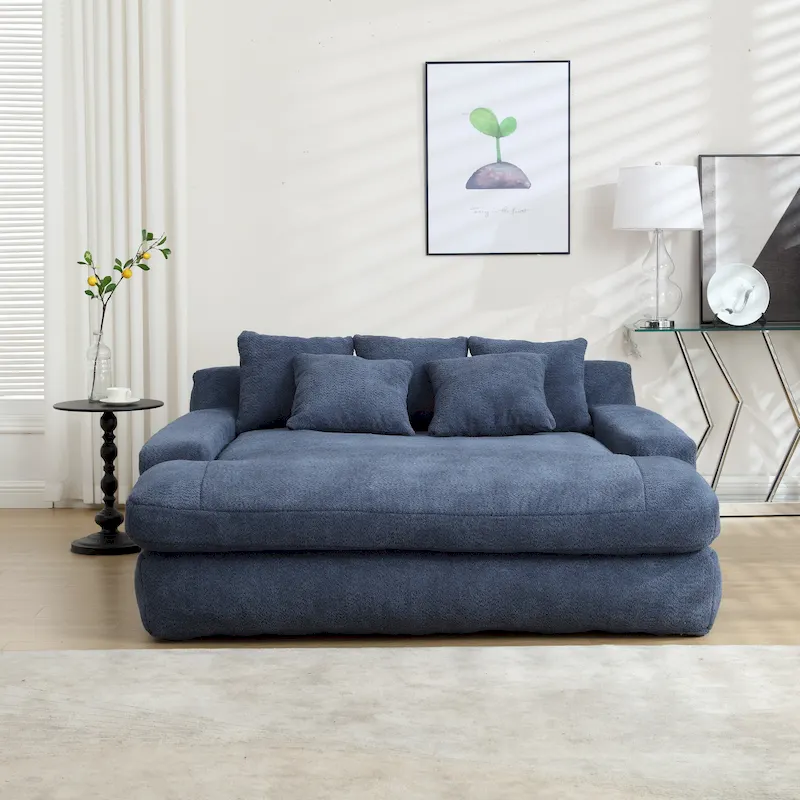Navy / Mustard Yellow / White / Emerald / Grey Chenille 2-Seat Sofa Bed with 5 Back Pillows, 2-Person