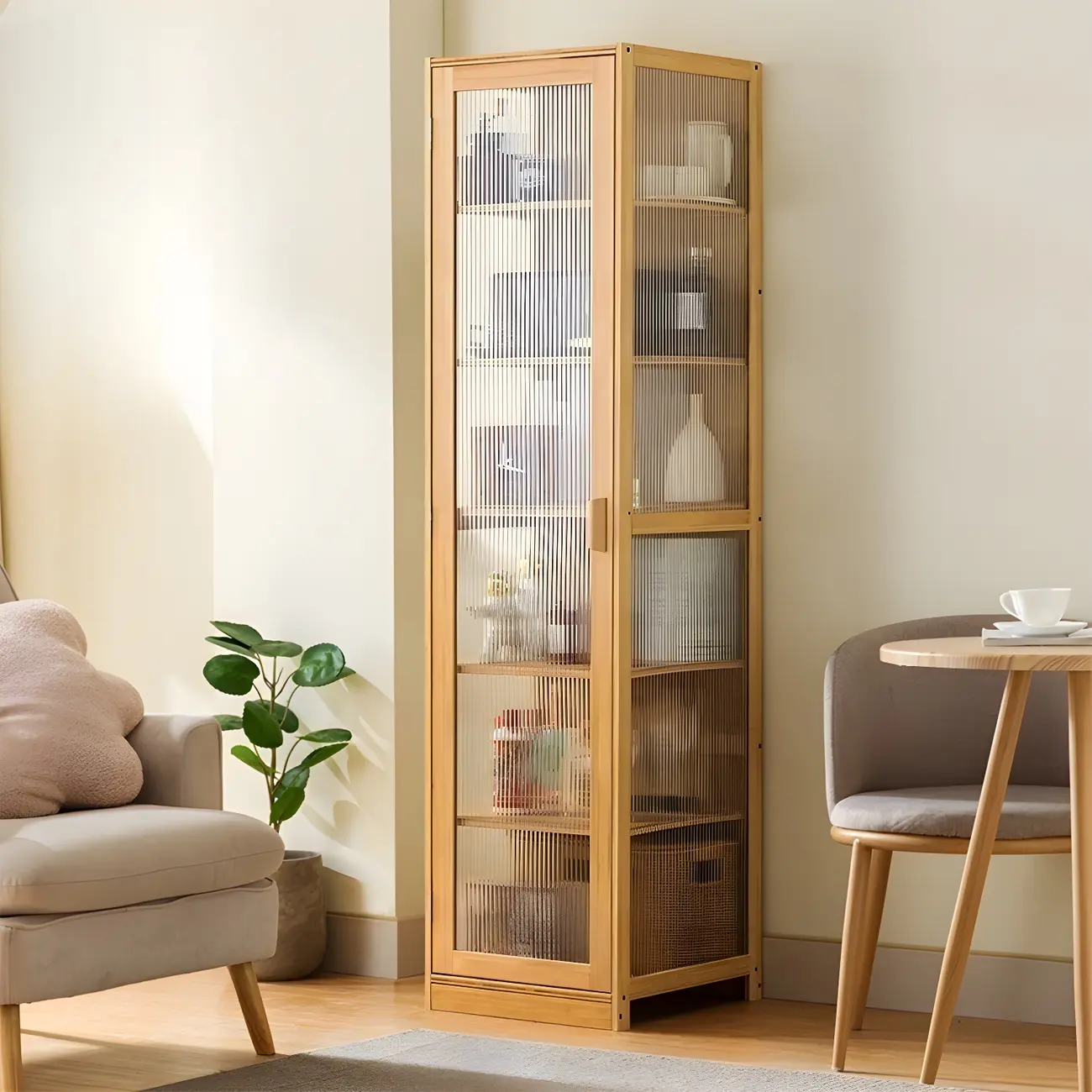 Narrow Adjustable Scandinavian Bamboo Glass Curio Cabinet