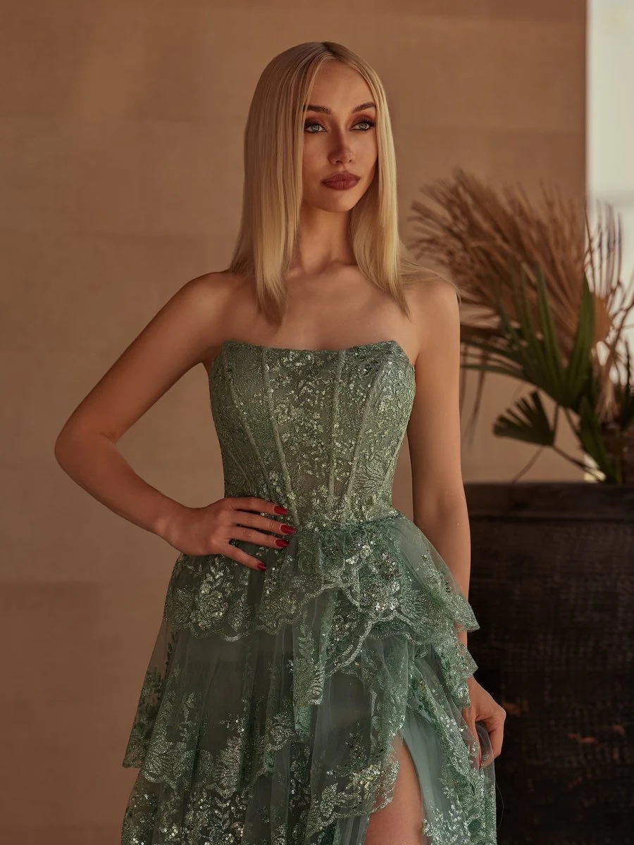 Sky Blue A Line Strapless Ruffle Sequin Lace Prom Dresses