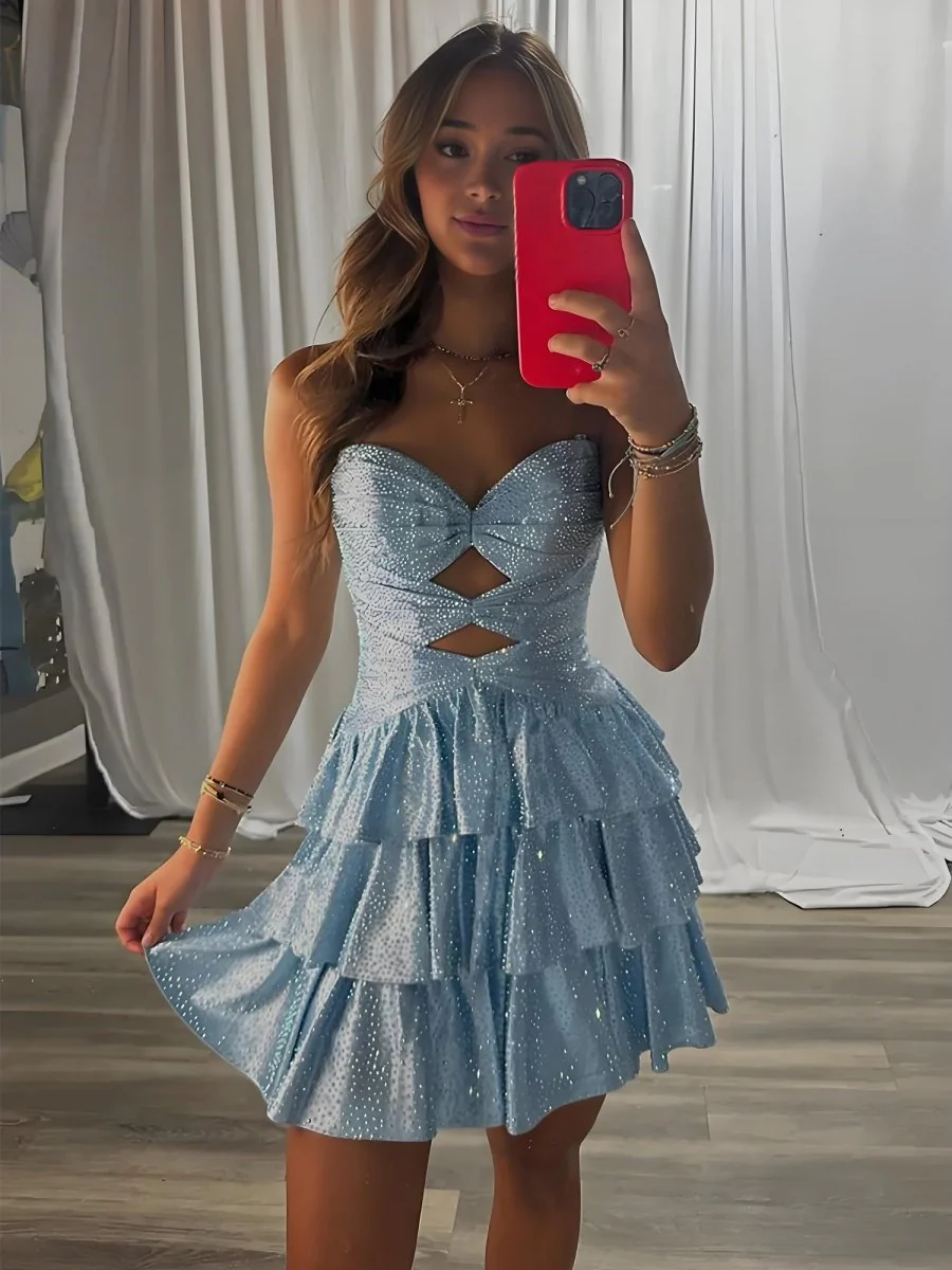 Sky Blue - A Line Sweetheart Satin Cut Out Ruffled Homecoming & Cocktail Dresses with Beads