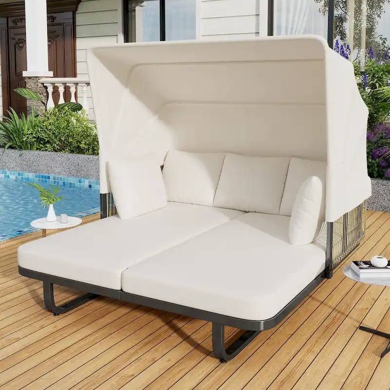 57 Outdoor Patio Daybed Rattan Daybed Outdoor Sunbed with Detachable Pillows for Patio, Backyard and Pool