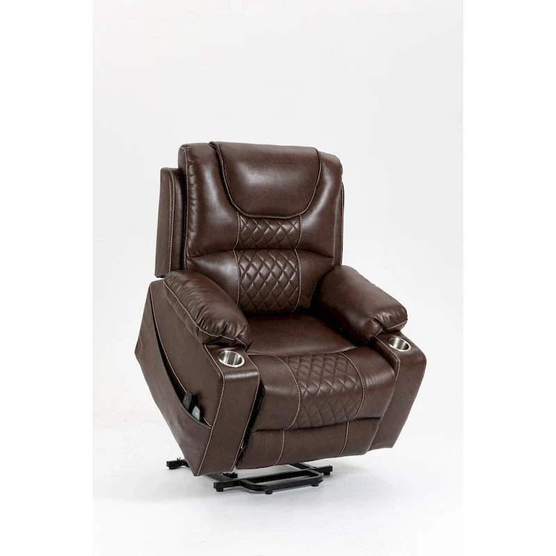 Brown Leather Power Lift Recliner, Multi-Function Massage, Heating, Cup Holders