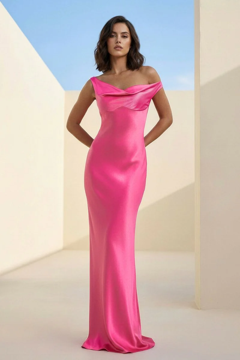 Fuchsia - One Shoulder Sheath Satin Long Prom Dresses