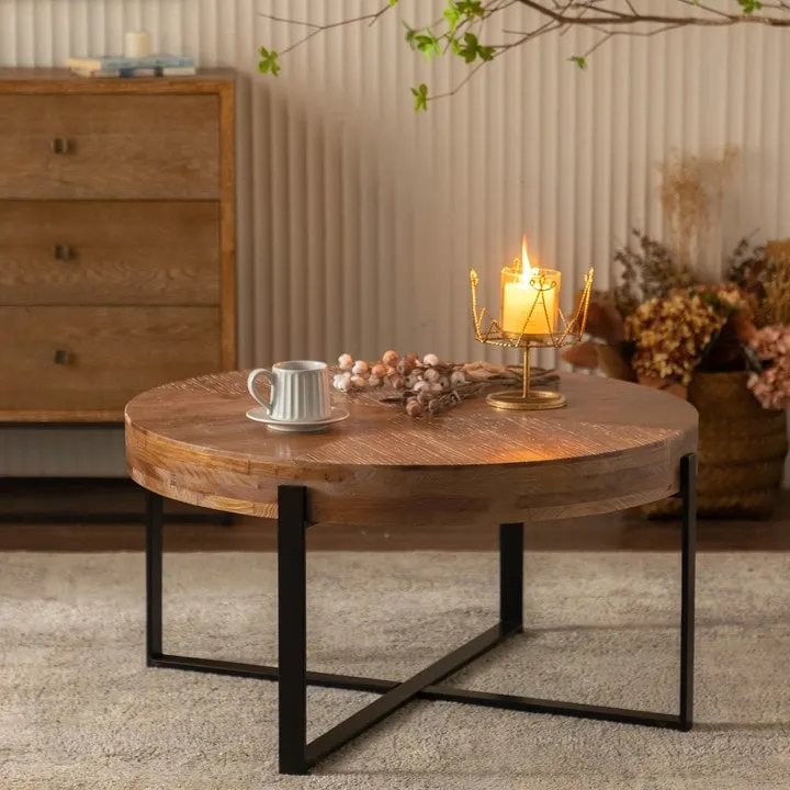 Modern Retro Splicing Round Coffee Table with Cross Legs