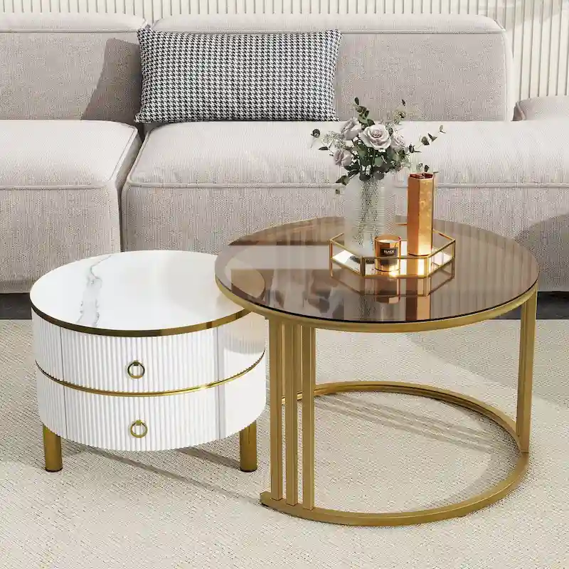 Black / White Round Nesting Coffee Table Set of 2, Tempered Glass & Marble-Top with Drawers