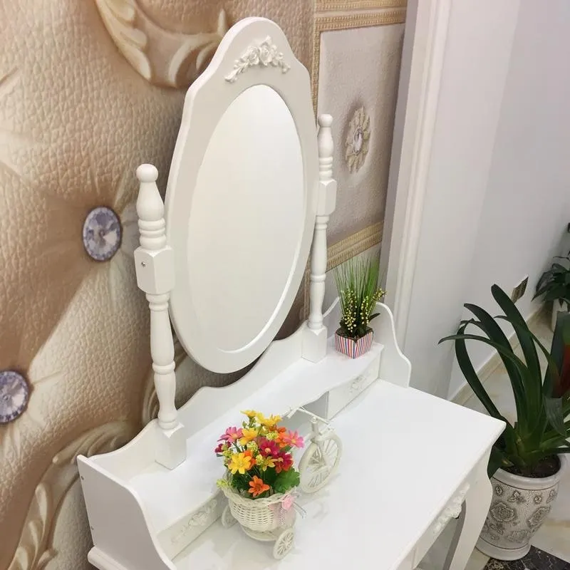 Vanity Table with 360° Mirror and Stool – White, 4 Drawers, Seats 1