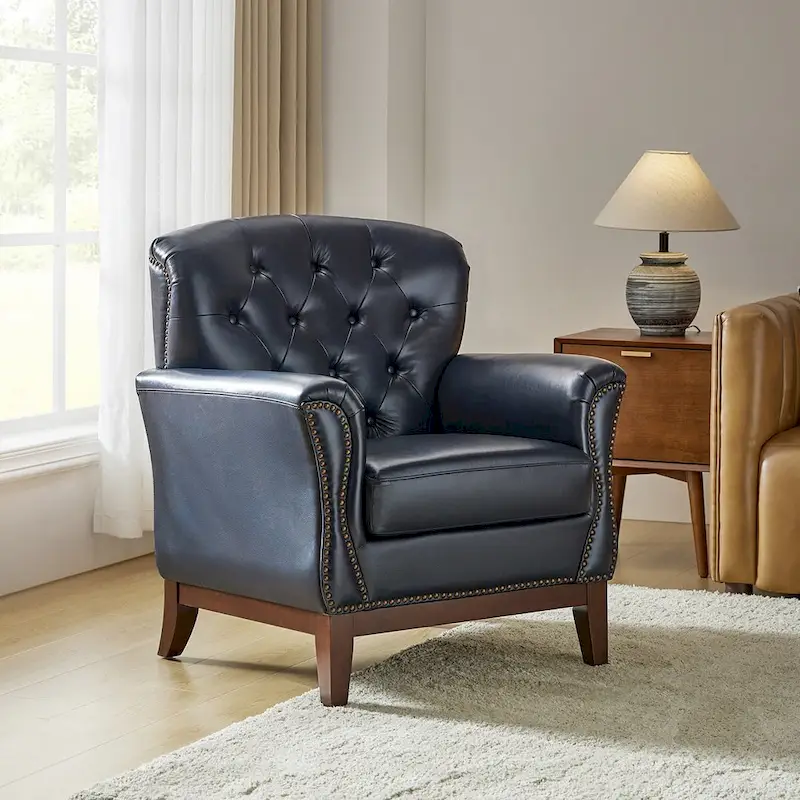 Genuine Leather Tufted Wingback Accent Chair with Nailhead Trim