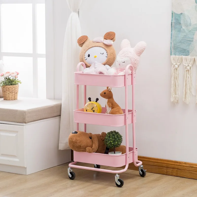 Pink 3-Tier Metal Cart Storage Shelves Organizer Trolley Cart with Wheels - 31*14*18