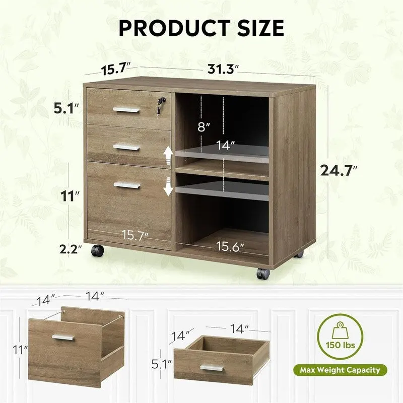 3-Drawer Wood File Cabinet - 15.7 D x 31.3 W x 24.7 H