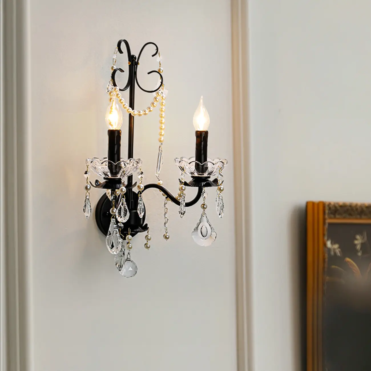 Black Modern 2-Light Candelabra Wall Sconce with Crystal