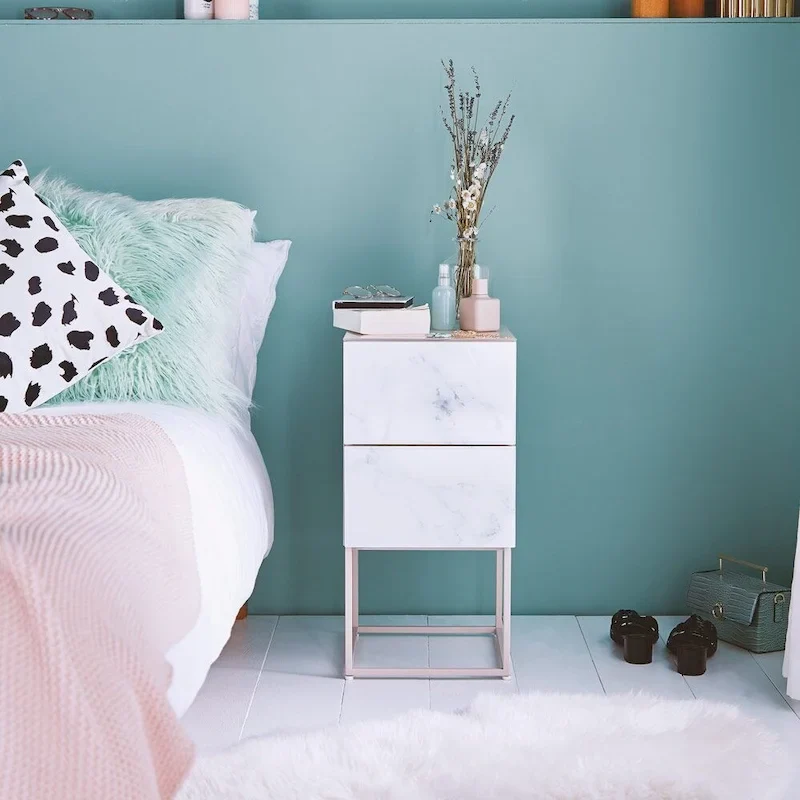 Marble Pattern Double Drawer Nightstand with Tempered Glass Top