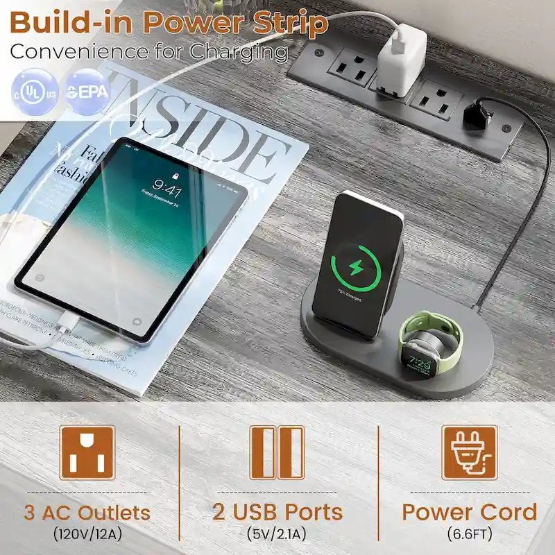 Set of 2 Nightstand with Charge Station and LED Light, End Table with Drawers