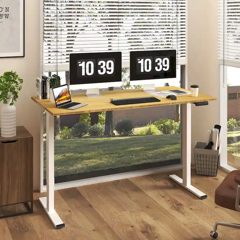 Electric Standing Desk with Bamboo Desktop, White/Black/Grey, Single-Person, Height Adjustable 28