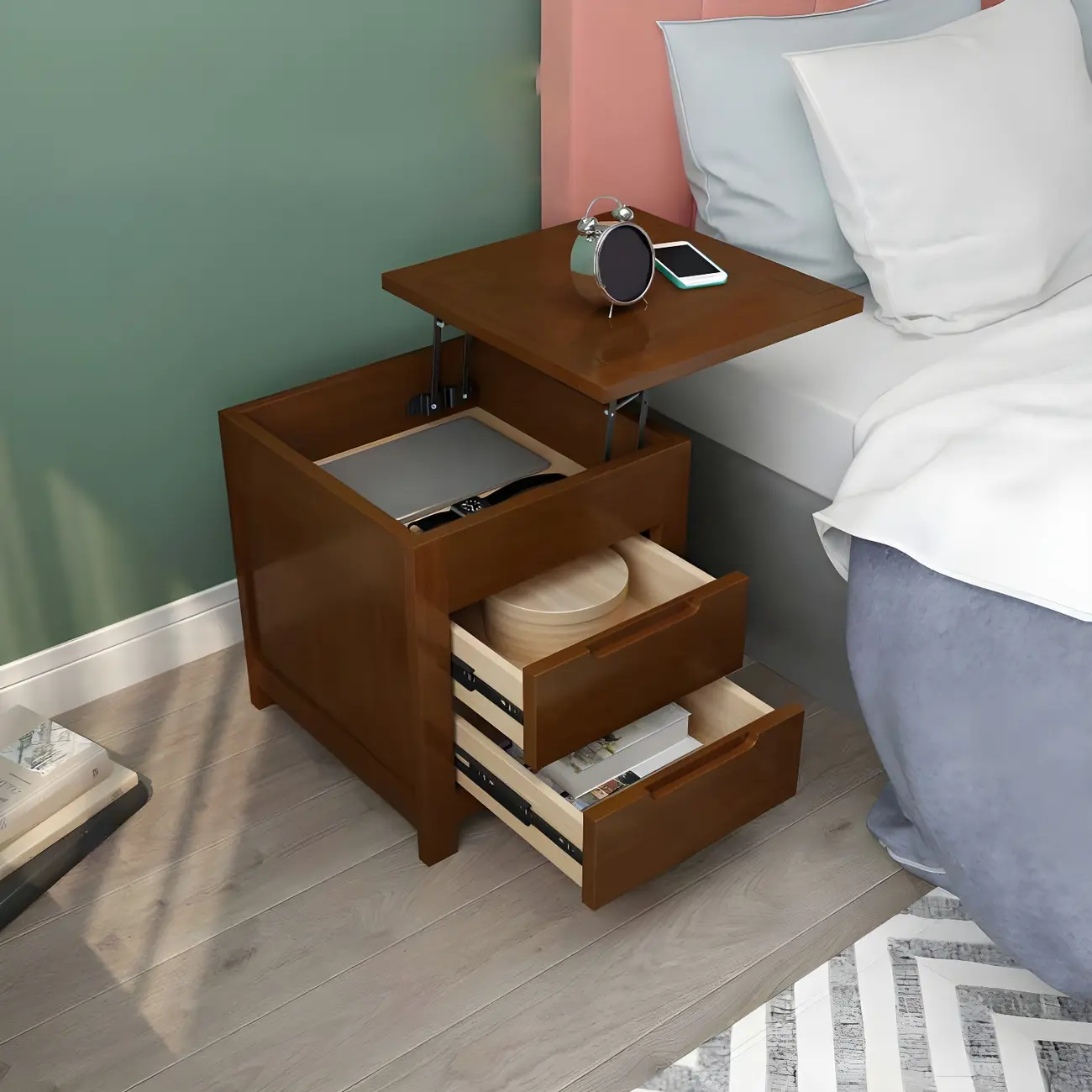 Narrow Rubberwood Lift-Top Bed Side Table with Drawers
