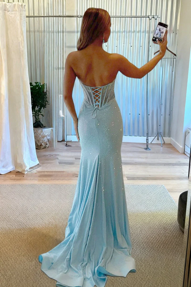 Sky Blue Strapless Mermaid Satin Beaded Long Formal Prom Dresses With Slit