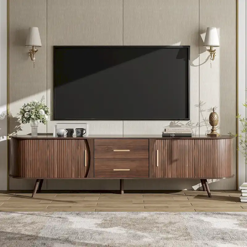 Dark Brown / Brown Mid-Century Modern TV Stand, 2-Person Assembly, Fits up to 80