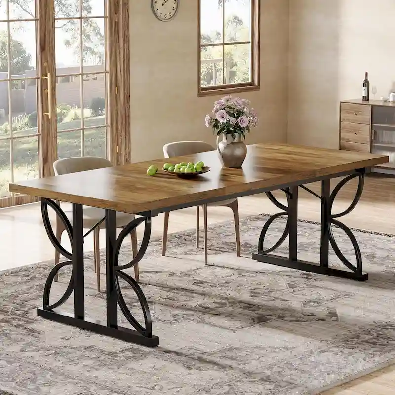 Brown & Black Farmhouse Rectangular Dining Table with Geometric Metal Legs (Seats 6-8)