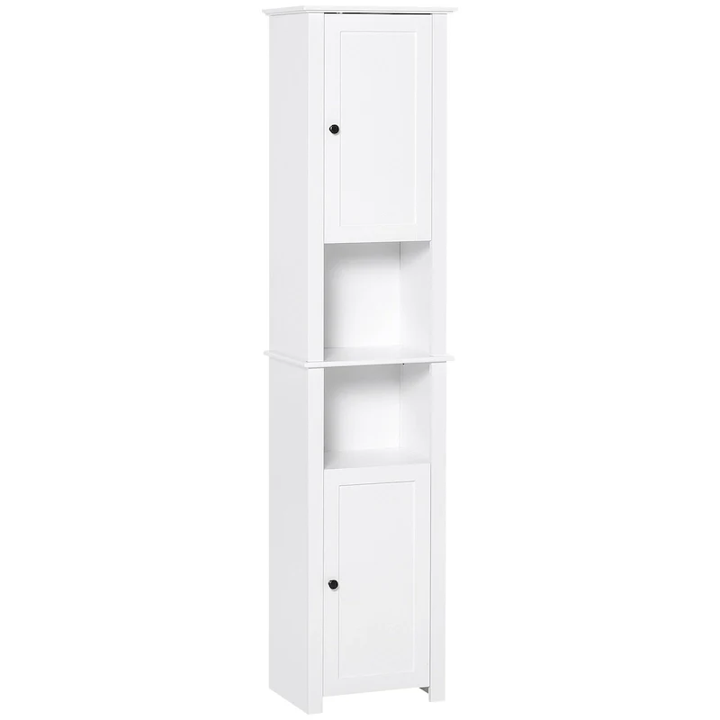 HOMCOM Tall Bathroom Storage Cabinet, Freestanding Linen Tower with 2-Tier Shelf and 2 Cupboards, White