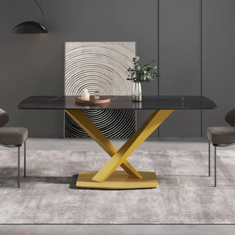 71  Modern Dining Table with Slate Stone Top and Metal Legs, Marble Dining Table