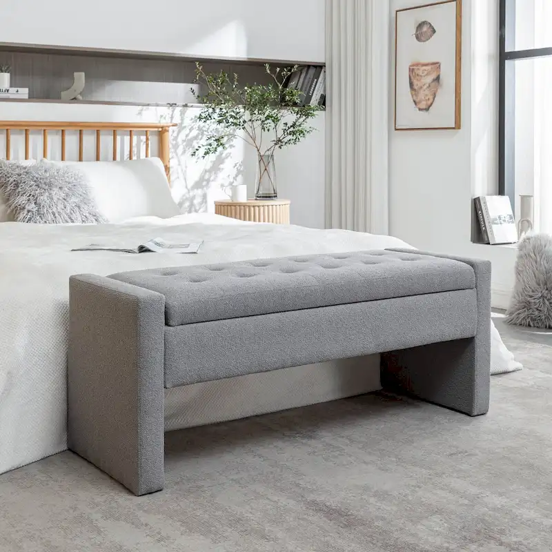 Boucle Fabric Flip-Top Storage Bench — 48