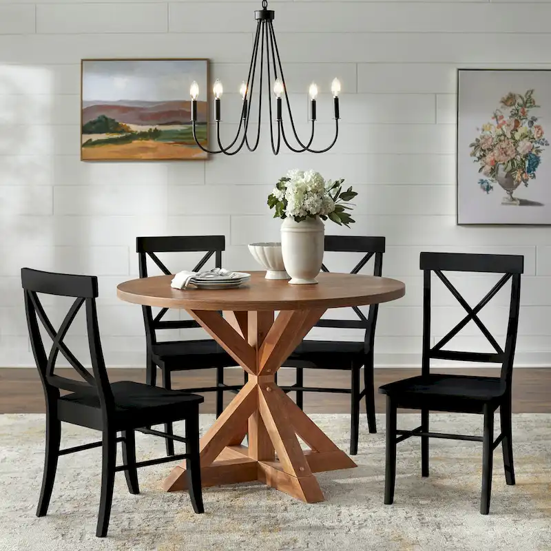 Dining Set 5-Piece 45.25 Round Table 4 Cross-Back Chairs Rubberwood Pedestal Farmhouse
