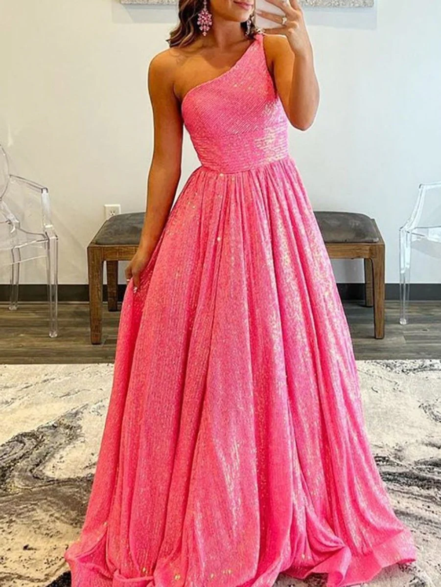 A-Line One Shoulder Sequins Prom Dress with Pockets