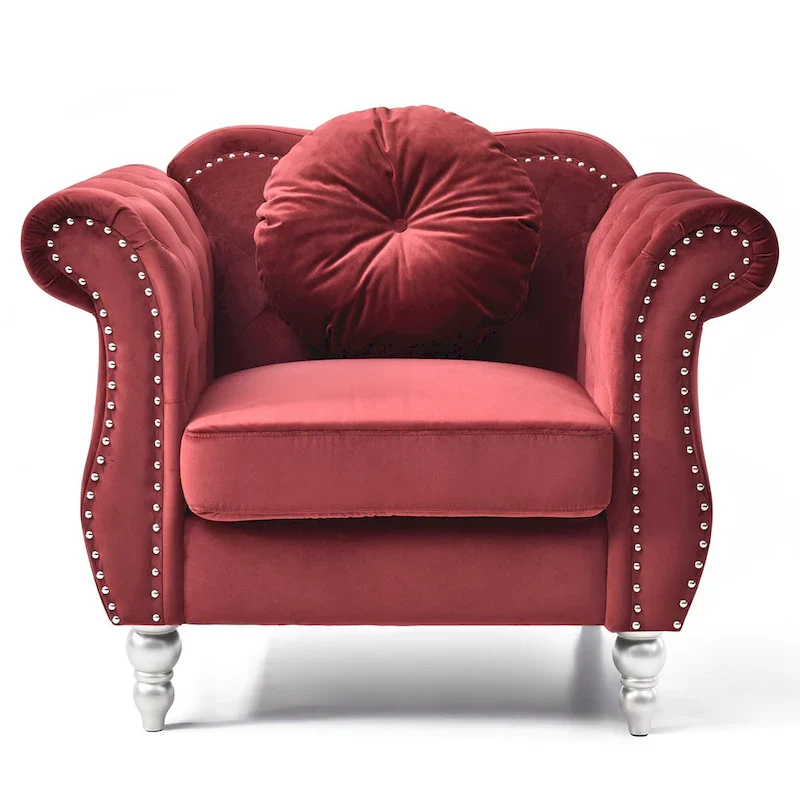 Red Velvet Tufted Accent Chair with Round Pillow, Single Seat
