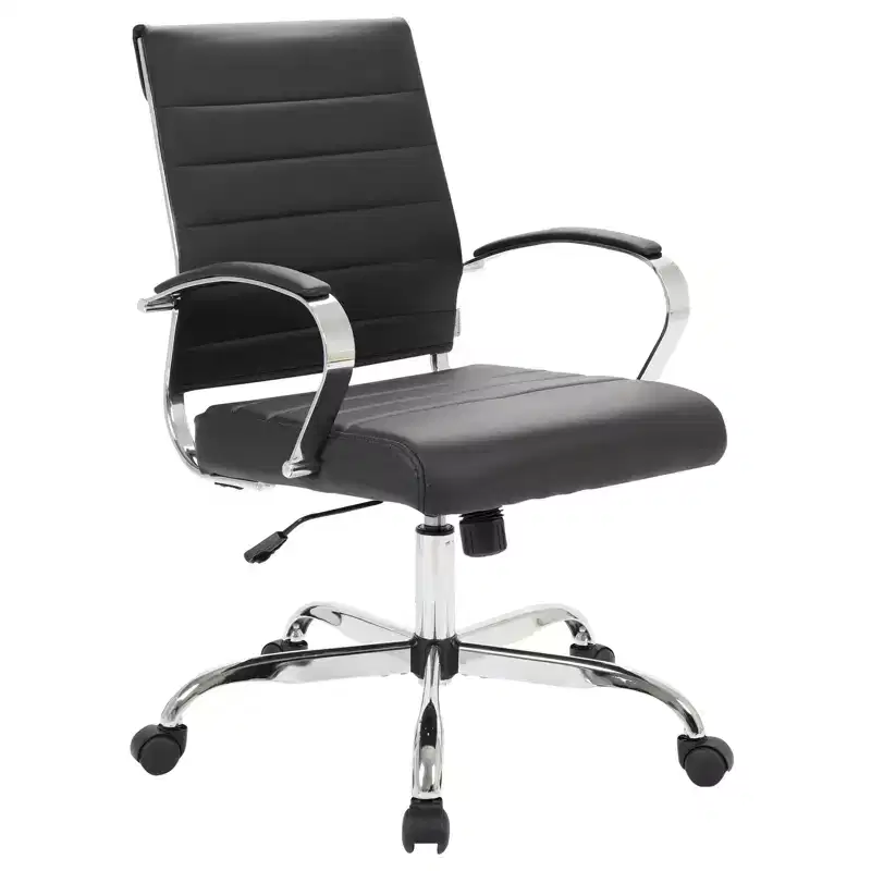 LeisureMod Benmar Ribbed Leather Office Chair - Mid-Century Modern Swivel & Tilt Executive Desk Chair - Chrome Base