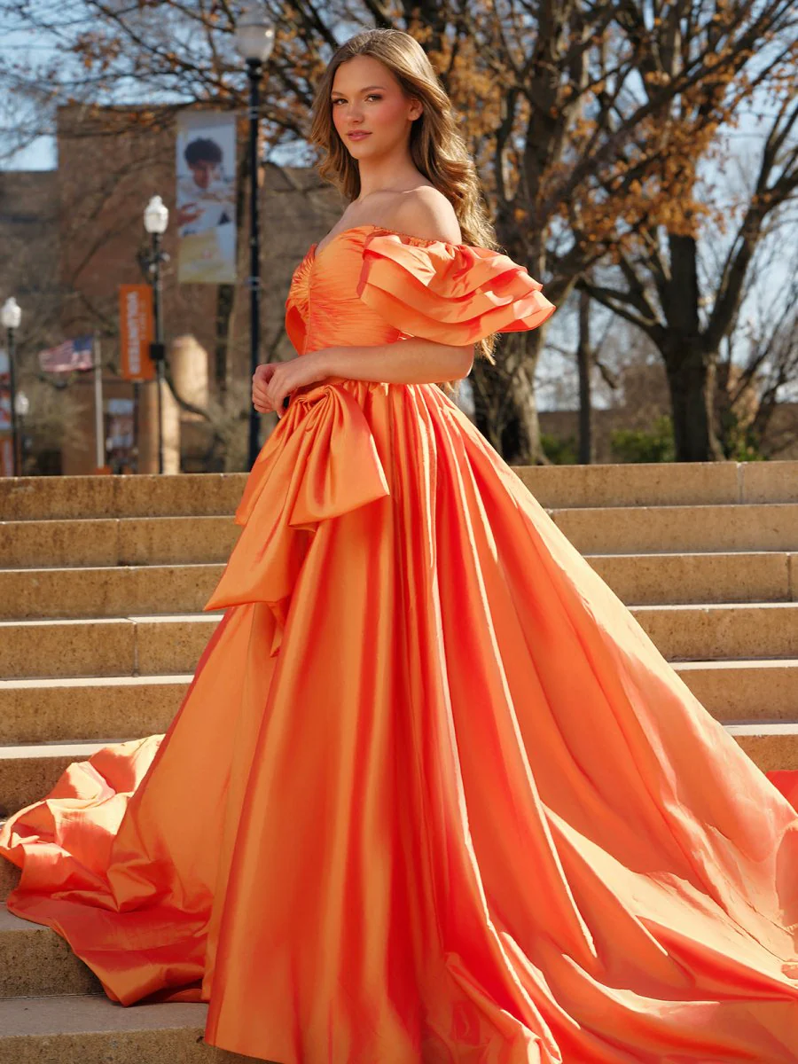 Orange Sweetheart Pleated A-Line Prom Dress With Bow