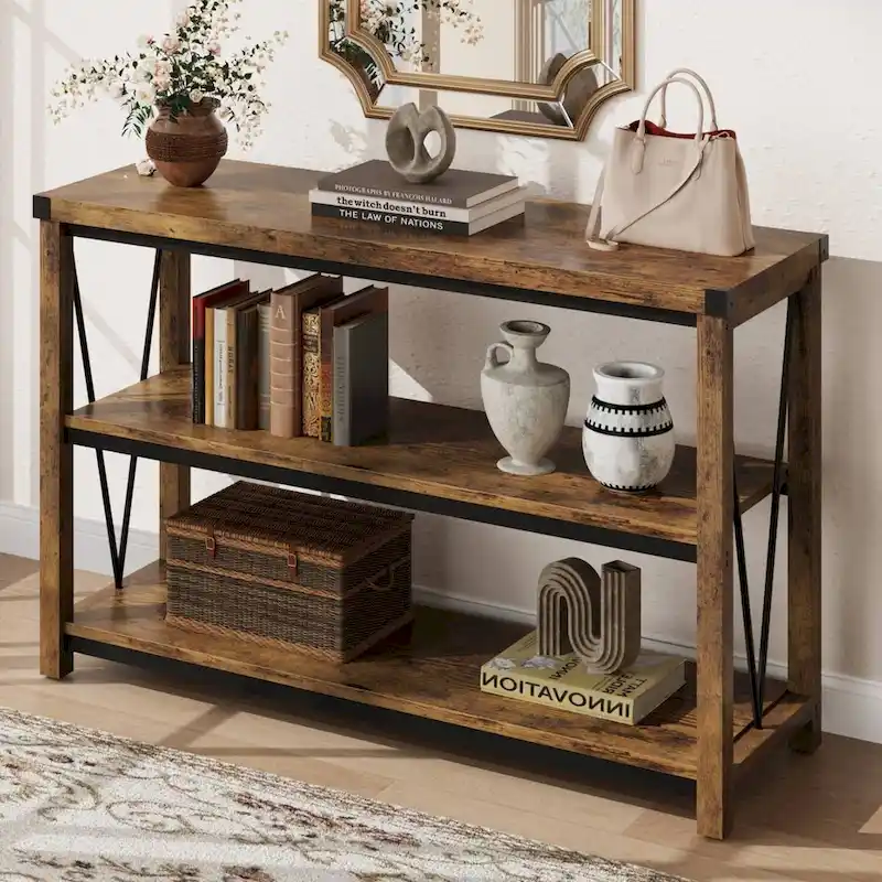 Console Table 47.2W 3-Tier MDF V-Shaped Design Farmhouse Gray Narrow Entryway